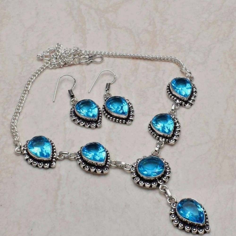 S925 SS Blue Topaz Gemstone Ethnic Handmade Necklace+Earring  32 Gms AN 40245